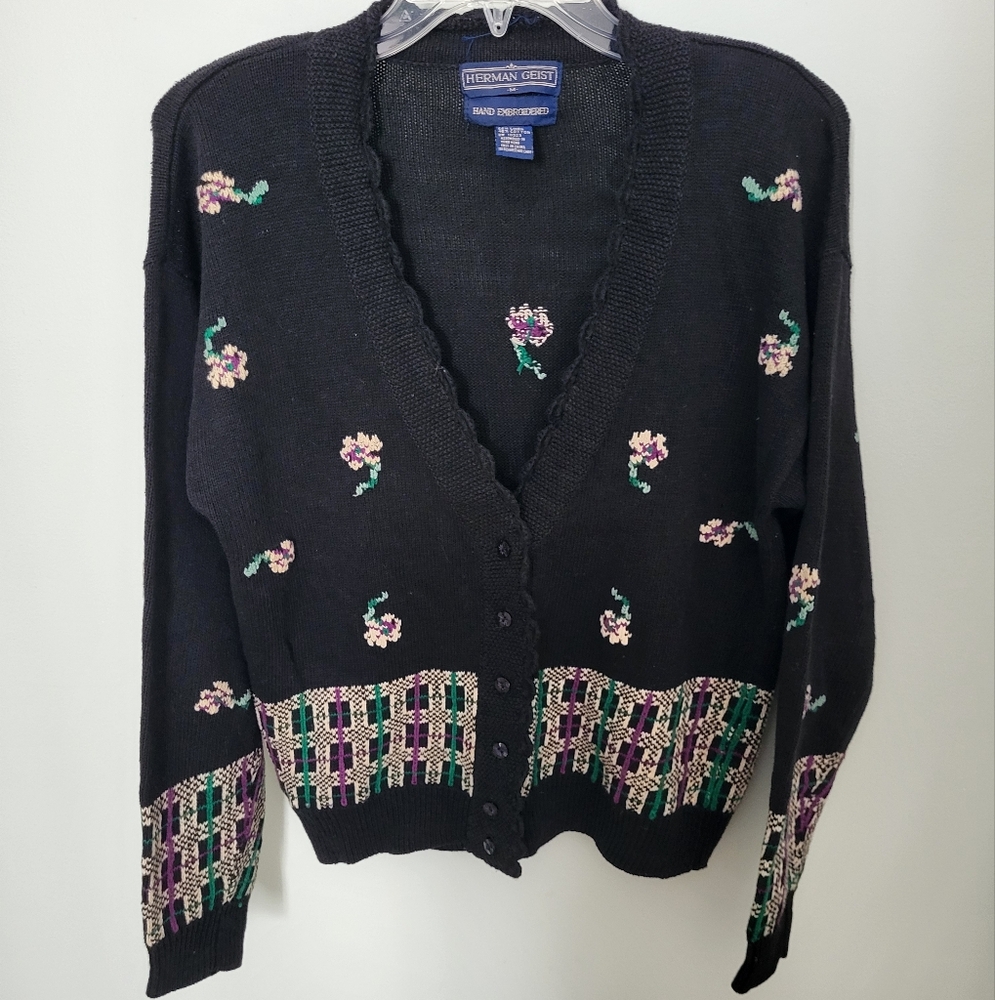 Vintage Herman Geist Hand Embroidered Knit Cardigan Sweater Medium